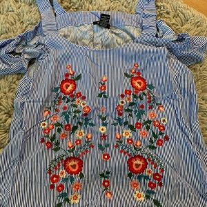 Blue striped floral cold shoulder styled shirt